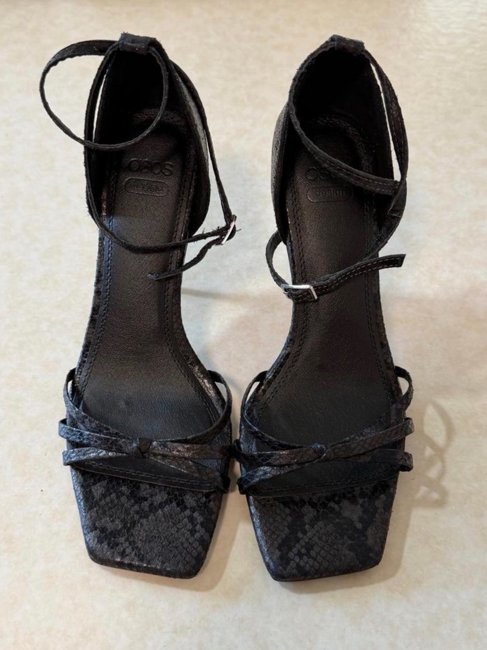 ASOS Black Snakeskin-Effect Strappy Ankle-Tie Heels